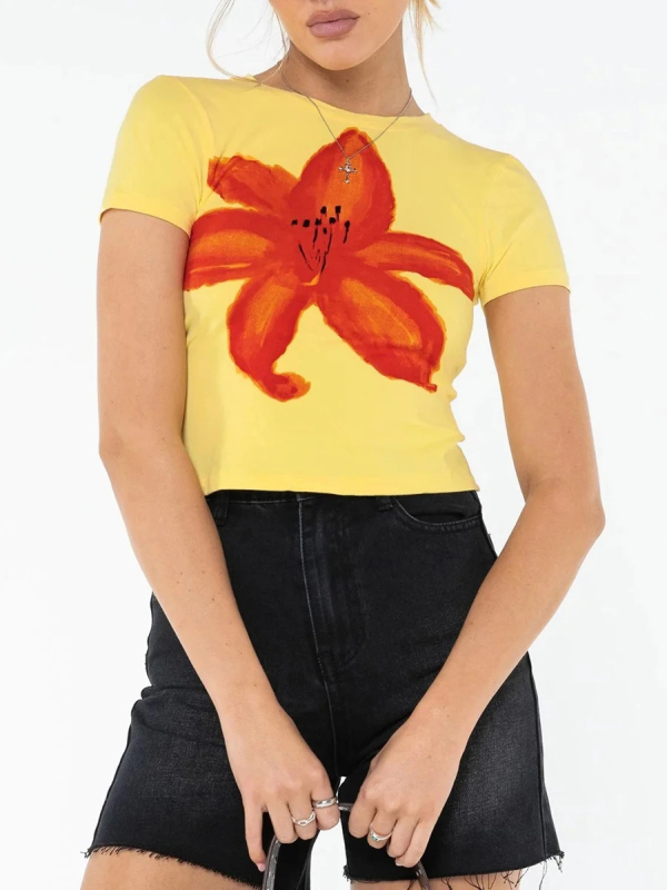 Majica s floralnim printom, okrugli izrez, kratki rukavi, uski kroj