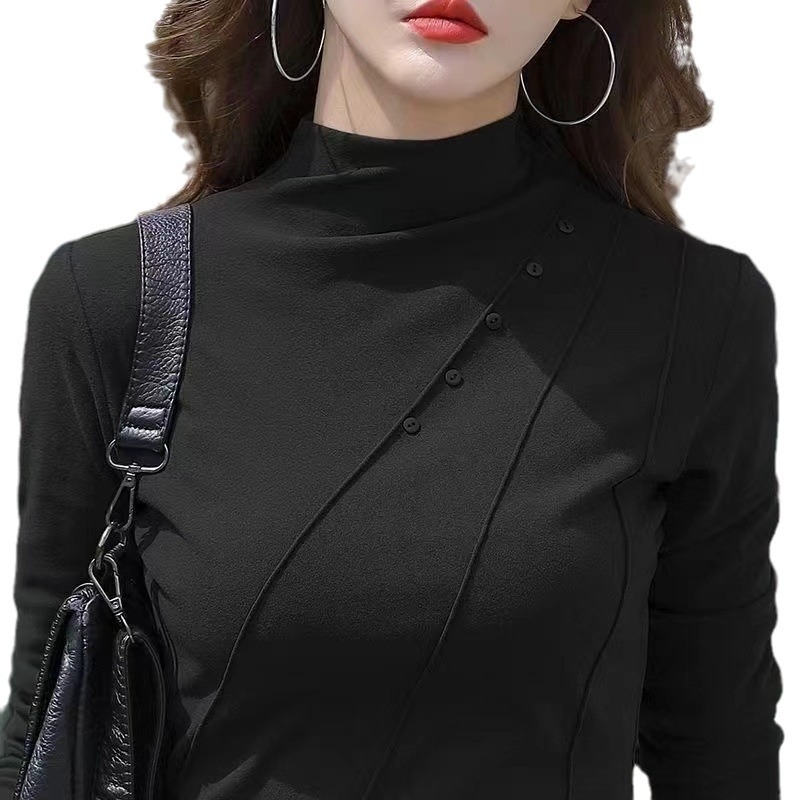 Anyáknak készült félmagas galléros póló, DeRong bársony, hosszú ujjú, absztrakt mintázat, őszi–téli, karcsúsított szabás