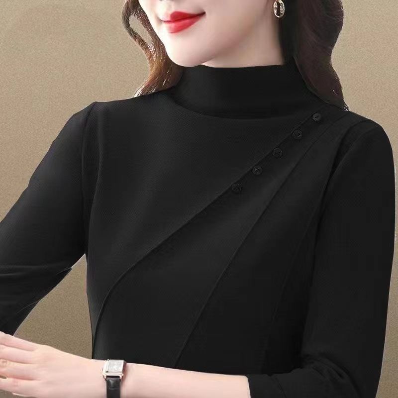 Anyáknak készült félmagas galléros póló, DeRong bársony, hosszú ujjú, absztrakt mintázat, őszi–téli, karcsúsított szabás