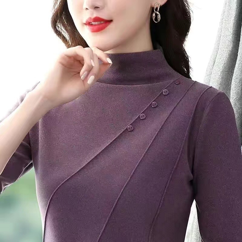 Anyáknak készült félmagas galléros póló, DeRong bársony, hosszú ujjú, absztrakt mintázat, őszi–téli, karcsúsított szabás