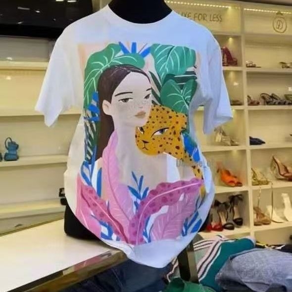 Женска свободна памучна тениска с принт на аниме персонажи, къс ръкав, кръгло деколте, есен 2025