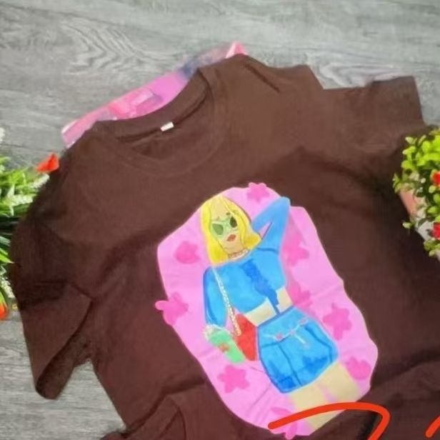 Женска свободна памучна тениска с принт на аниме персонажи, къс ръкав, кръгло деколте, есен 2025