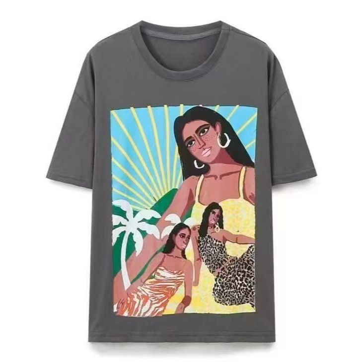 Женска свободна памучна тениска с принт на аниме персонажи, къс ръкав, кръгло деколте, есен 2025