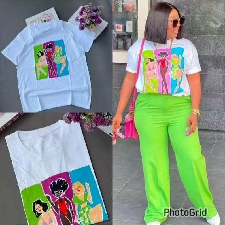 Женска свободна памучна тениска с принт на аниме персонажи, къс ръкав, кръгло деколте, есен 2025