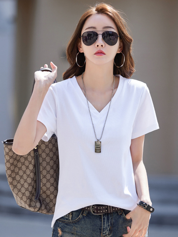 Женска тениска от памук, 95%+ памук, V-образно деколте, къс ръкав, свободна кройка