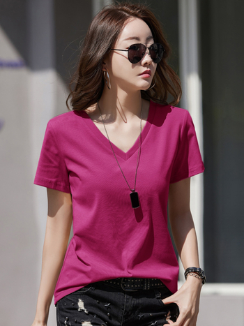 Женска тениска от памук, 95%+ памук, V-образно деколте, къс ръкав, свободна кройка