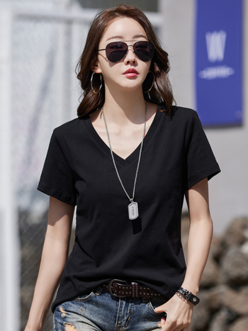 Женска тениска от памук, 95%+ памук, V-образно деколте, къс ръкав, свободна кройка