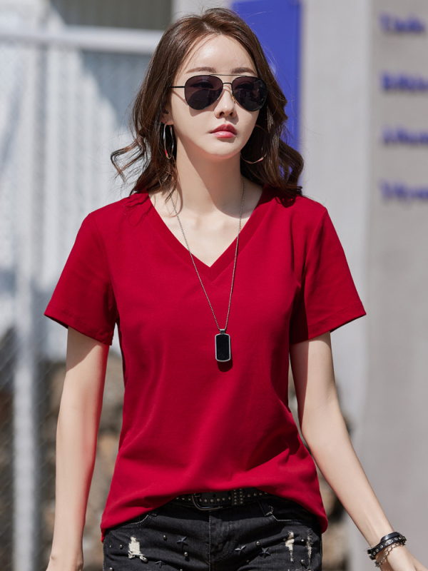 Женска тениска от памук, 95%+ памук, V-образно деколте, къс ръкав, свободна кройка