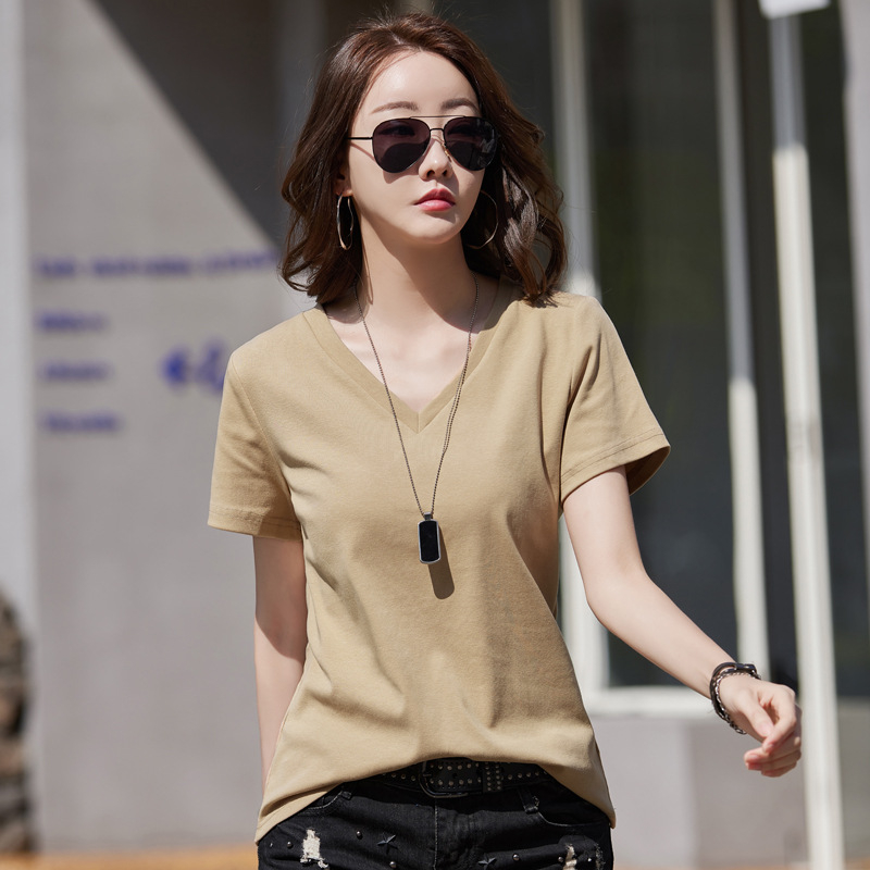 Женска тениска от памук, 95%+ памук, V-образно деколте, къс ръкав, свободна кройка