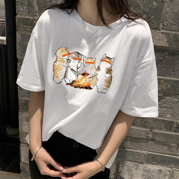 Памучна тениска с къс ръкав и печат, свободен силует, кръгло деколте, 95% памук, стил: японско-корейски свободен дизайн