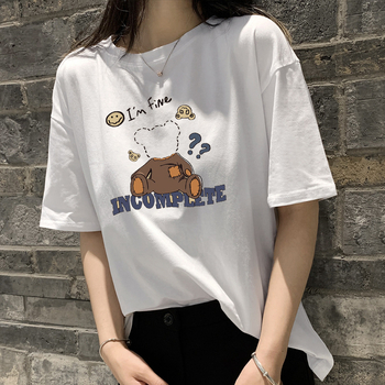 Памучна тениска с къс ръкав и печат, свободен силует, кръгло деколте, 95% памук, стил: японско-корейски свободен дизайн