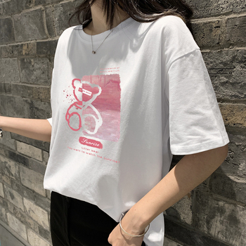 Памучна тениска с къс ръкав и печат, свободен силует, кръгло деколте, 95% памук, стил: японско-корейски свободен дизайн