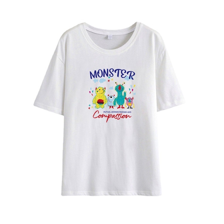 Памучна тениска с къс ръкав и печат, свободен силует, кръгло деколте, 95% памук, стил: японско-корейски свободен дизайн