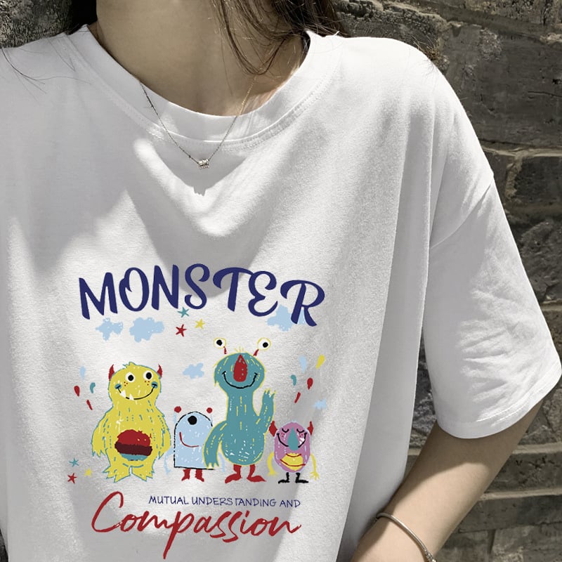 Памучна тениска с къс ръкав и печат, свободен силует, кръгло деколте, 95% памук, стил: японско-корейски свободен дизайн