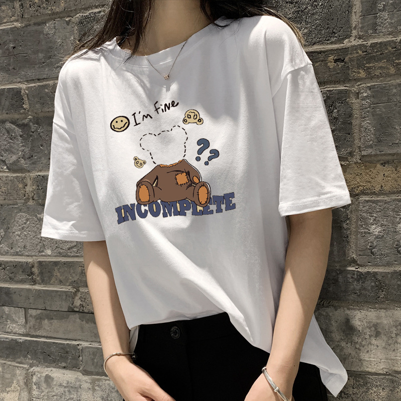 Памучна тениска с къс ръкав и печат, свободен силует, кръгло деколте, 95% памук, стил: японско-корейски свободен дизайн