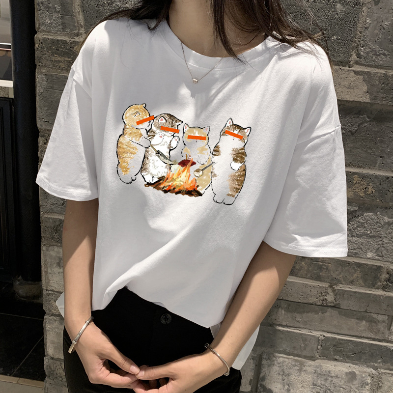 Памучна тениска с къс ръкав и печат, свободен силует, кръгло деколте, 95% памук, стил: японско-корейски свободен дизайн