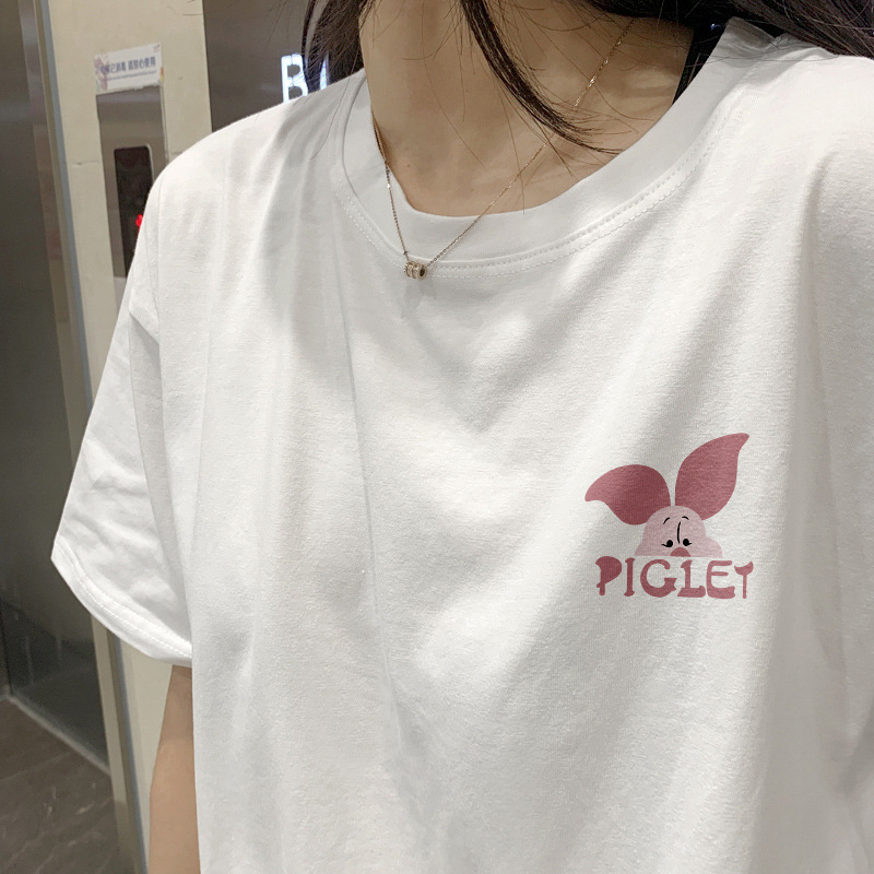 Памучна тениска с къс ръкав и печат, свободен силует, кръгло деколте, 95% памук, стил: японско-корейски свободен дизайн