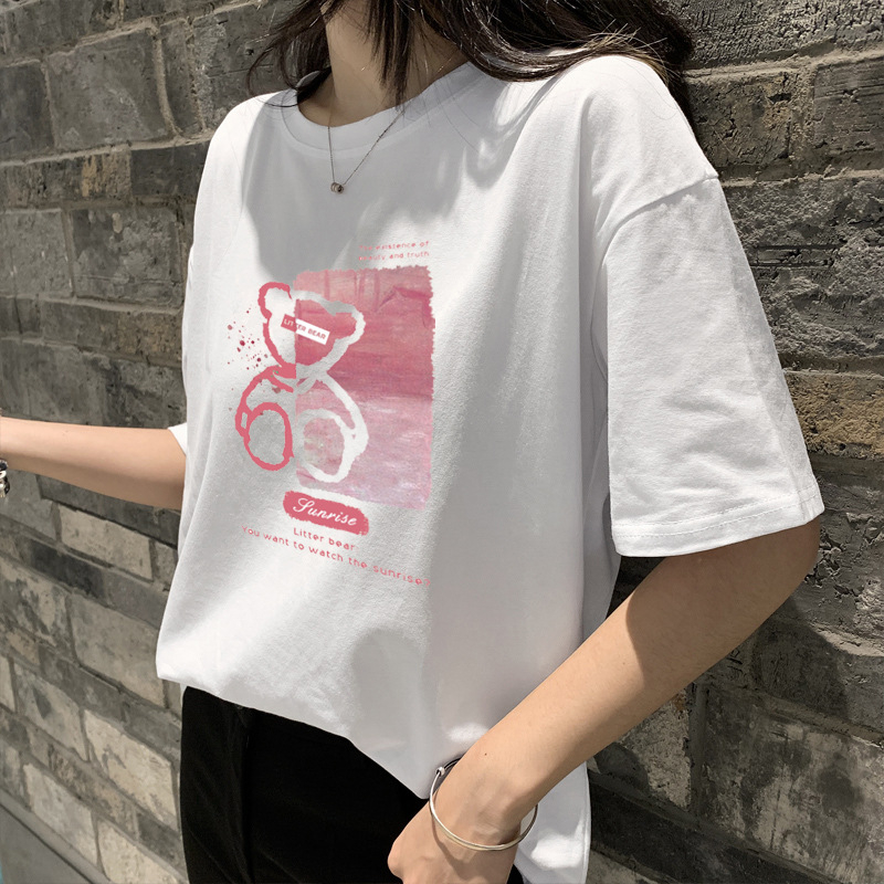 Памучна тениска с къс ръкав и печат, свободен силует, кръгло деколте, 95% памук, стил: японско-корейски свободен дизайн