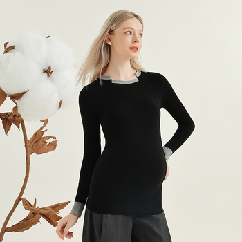 Grūtniecības top ar garām piedurknēm, vienkrāsains raksts, neregulāra apkakle, kokvilna 50–70%