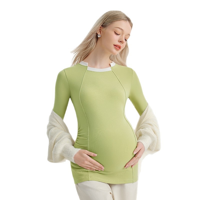 Grūtniecības top ar garām piedurknēm, vienkrāsains raksts, neregulāra apkakle, kokvilna 50–70%