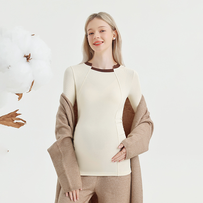 Grūtniecības top ar garām piedurknēm, vienkrāsains raksts, neregulāra apkakle, kokvilna 50–70%