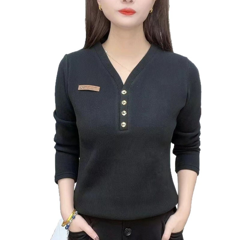 Дамска тениска с качулка и дълъг ръкав, полиестер, едноцветна, V-образна яка