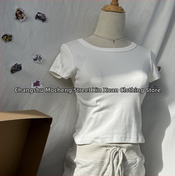 BM стил дамска памучна кроп топ с къс ръкав и кръгла яка, Slim fit