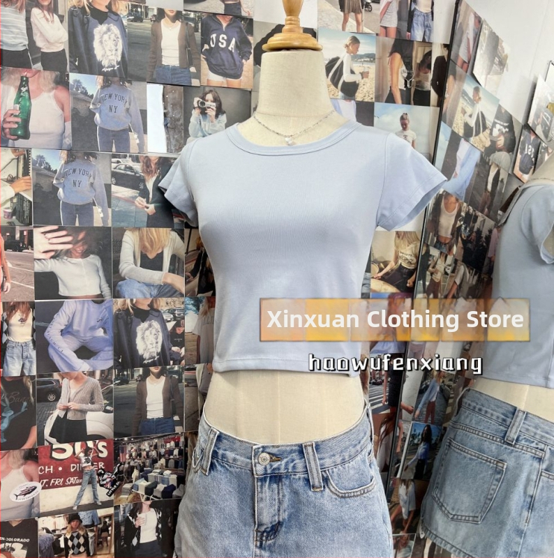 BM стил дамска памучна кроп топ с къс ръкав и кръгла яка, Slim fit