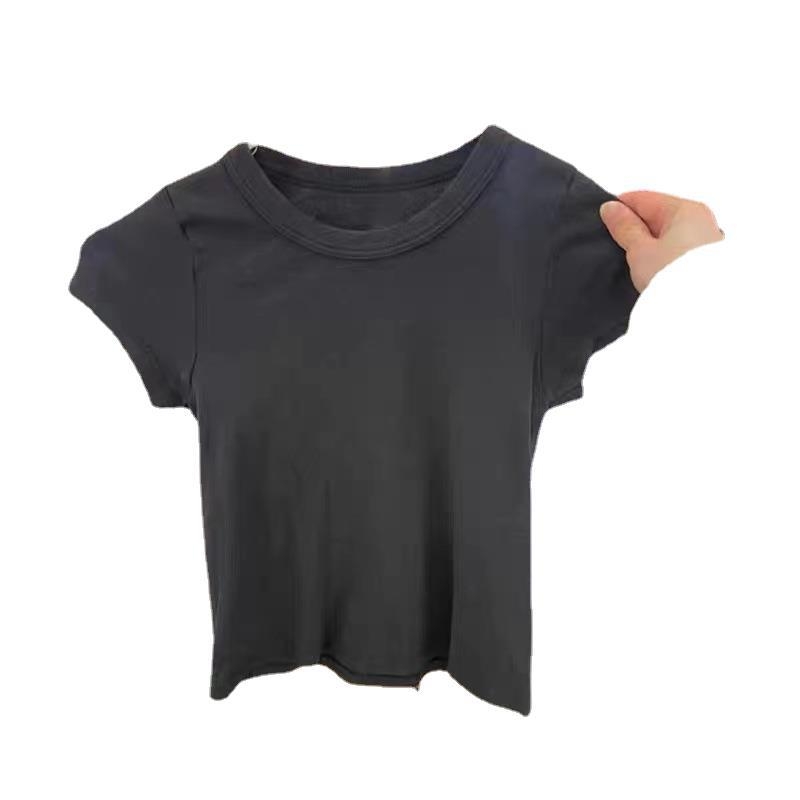 BM стил дамска памучна кроп топ с къс ръкав и кръгла яка, Slim fit