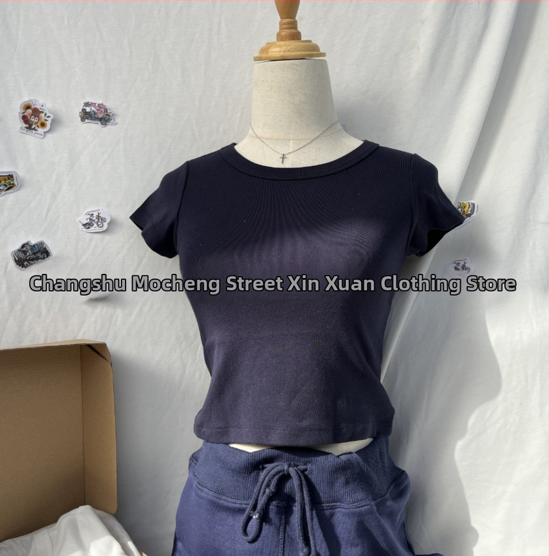 BM стил дамска памучна кроп топ с къс ръкав и кръгла яка, Slim fit