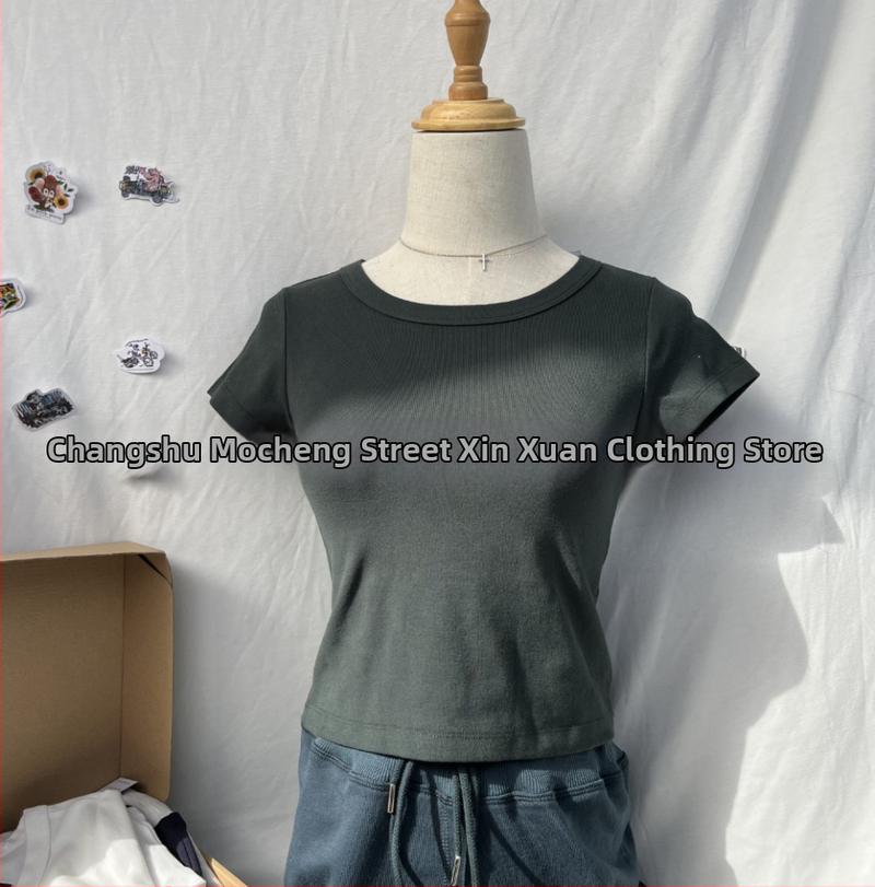 BM стил дамска памучна кроп топ с къс ръкав и кръгла яка, Slim fit