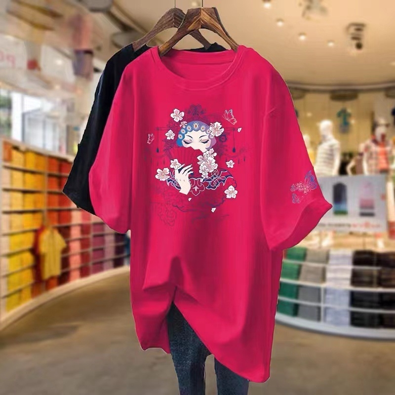 Дамска памучна тениска с къс ръкав, свободна кройка, кръгло деколте, средна дължина