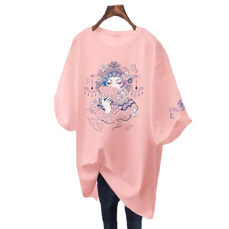 Дамска памучна тениска с къс ръкав, свободна кройка, кръгло деколте, средна дължина