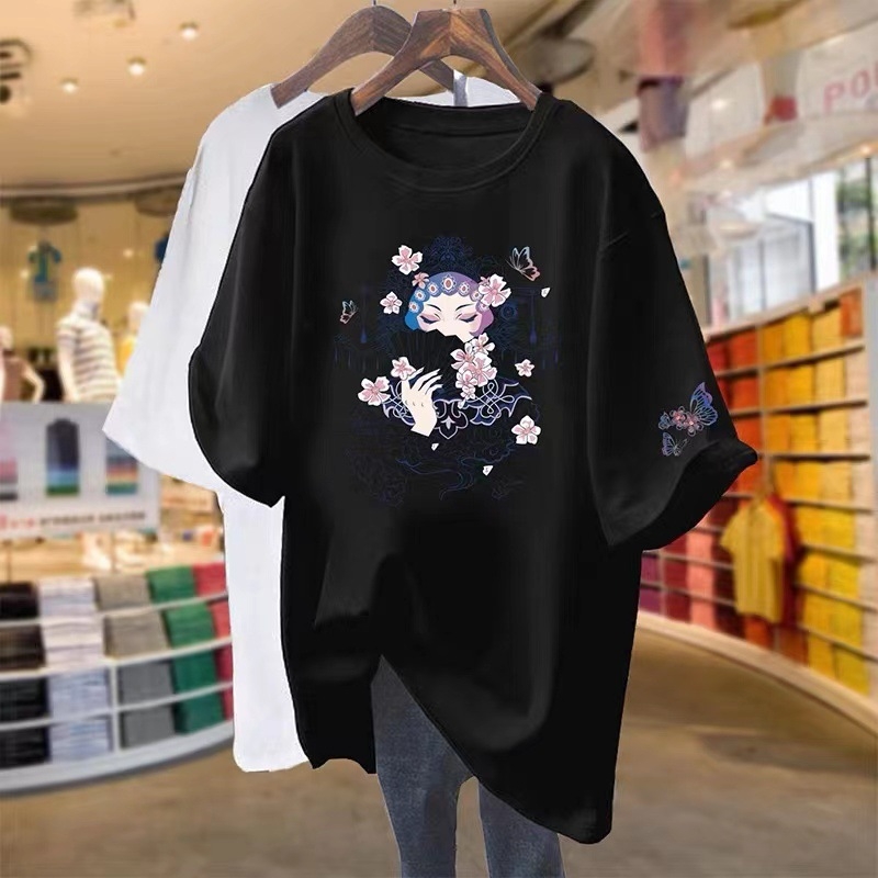 Дамска памучна тениска с къс ръкав, свободна кройка, кръгло деколте, средна дължина