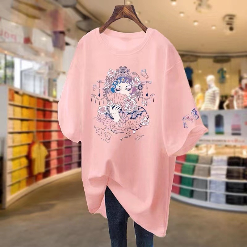 Дамска памучна тениска с къс ръкав, свободна кройка, кръгло деколте, средна дължина