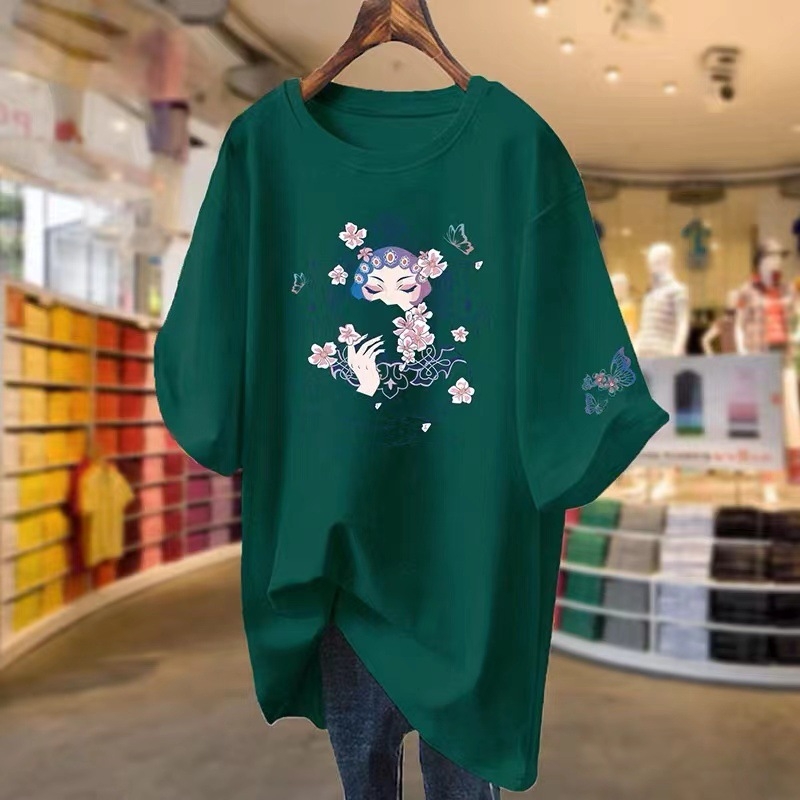 Дамска памучна тениска с къс ръкав, свободна кройка, кръгло деколте, средна дължина