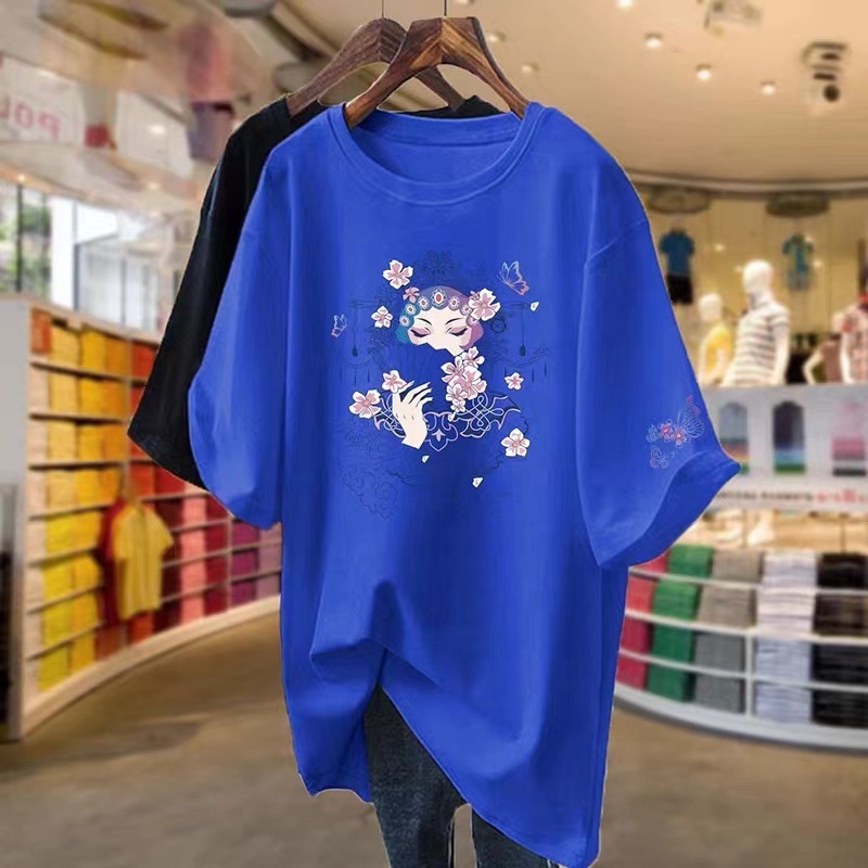 Дамска памучна тениска с къс ръкав, свободна кройка, кръгло деколте, средна дължина