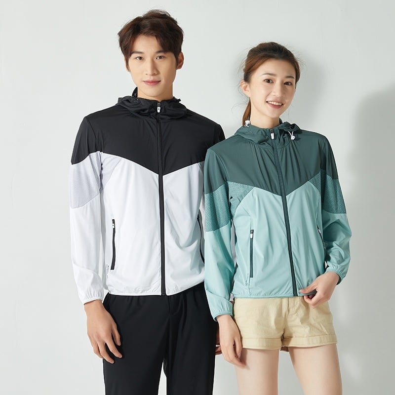 Kültéri szélvédő kabát kontrasztos mintázattal, Ice-Silk anyag, uniszex, kapucnis, légáteresztő, nyár–tavasz