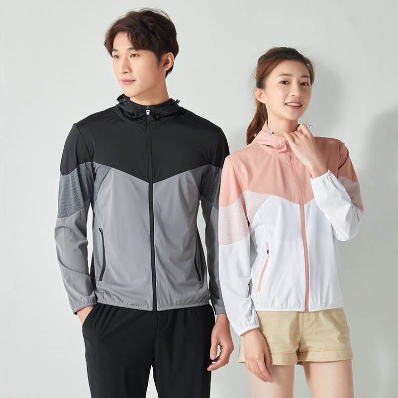 Kültéri szélvédő kabát kontrasztos mintázattal, Ice-Silk anyag, uniszex, kapucnis, légáteresztő, nyár–tavasz