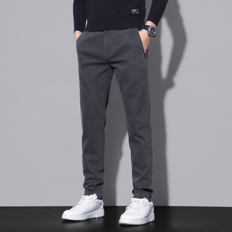 Koreai stílusú férfi egyenes szabású nadrág, magas derék, fleece belsővel, pamut–poliészter–elasztán keverék (69.3% pamut / 29.5% poliészter / 1.2% elasztán), 3D szabás, mikro-elasticitás, ősz 2024