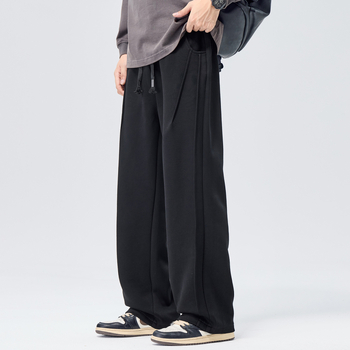 Férfi őszi-téli hosszú szabadidőnadrág, széles láb, laza egyenes szabás, középmagas derék, kötőzáras zárás, pamut-poliészter keverék