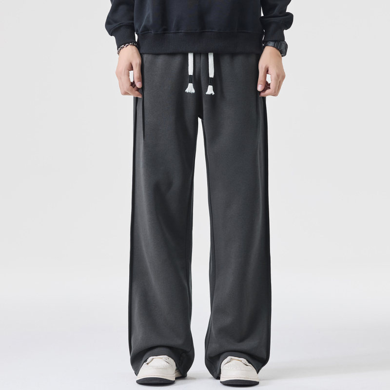 Férfi őszi-téli hosszú szabadidőnadrág, széles láb, laza egyenes szabás, középmagas derék, kötőzáras zárás, pamut-poliészter keverék