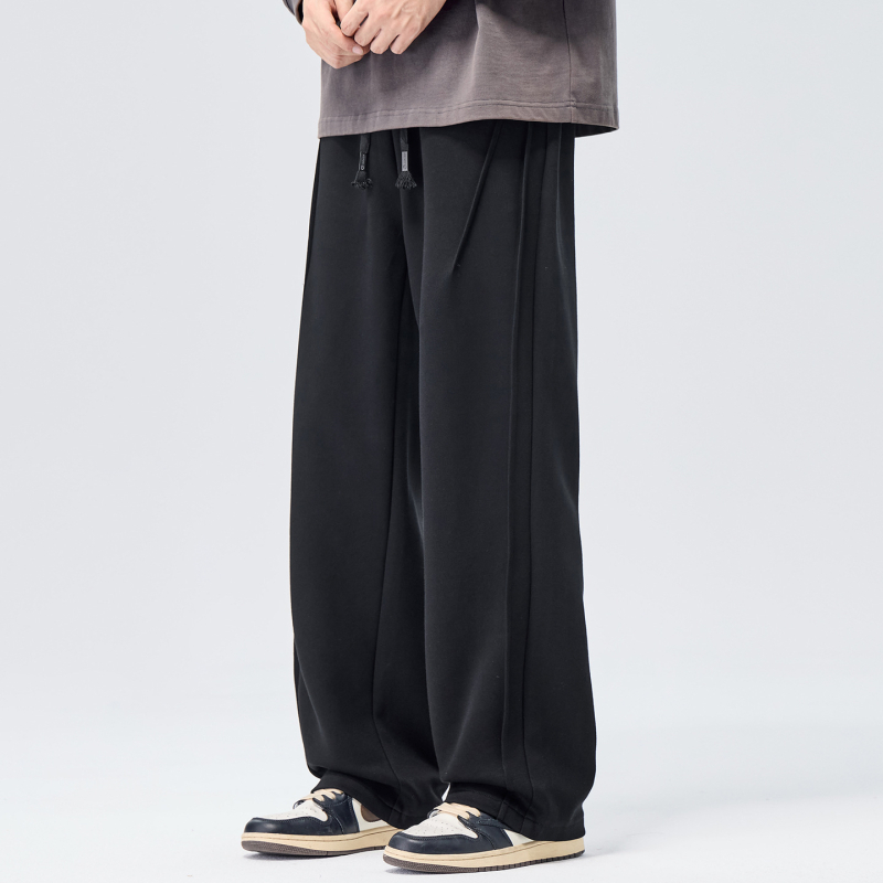 Férfi őszi-téli hosszú szabadidőnadrág, széles láb, laza egyenes szabás, középmagas derék, kötőzáras zárás, pamut-poliészter keverék