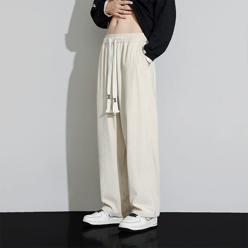 Corduroy sportos casual nadrág férfiaknak, lazán szabott, középmagas derék, kötős zárás, 100% poliészter