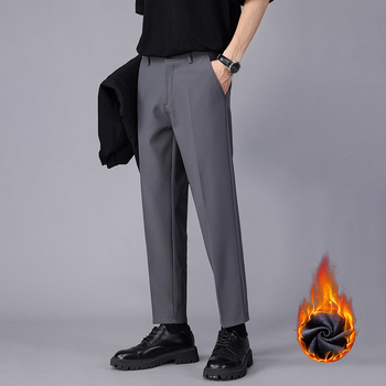 Fleece-béléssel ellátott férfi nadrág, egyenes szabás, középmagas derék, cipzár, poliészter-elasztán keverék