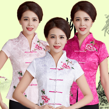 Танг стил къс ръкав ханфу топ, памук, бродерия, V-образно деколте, талия-тип кройка, лято 2023