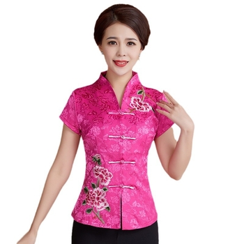 Танг стил къс ръкав ханфу топ, памук, бродерия, V-образно деколте, талия-тип кройка, лято 2023