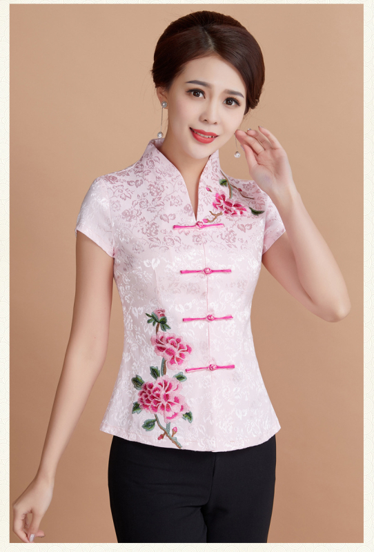 Танг стил къс ръкав ханфу топ, памук, бродерия, V-образно деколте, талия-тип кройка, лято 2023