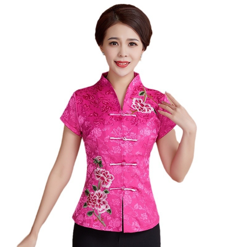 Танг стил къс ръкав ханфу топ, памук, бродерия, V-образно деколте, талия-тип кройка, лято 2023