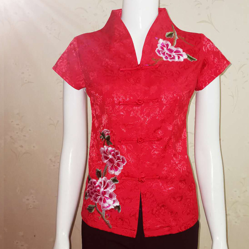 Танг стил къс ръкав ханфу топ, памук, бродерия, V-образно деколте, талия-тип кройка, лято 2023